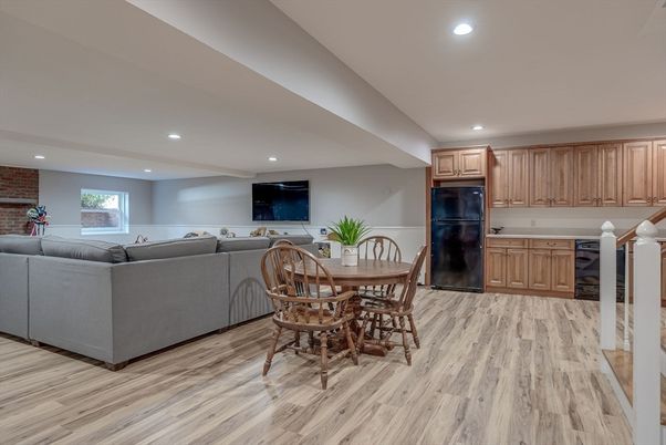 Dining room, Interior, Kitchen, Living room, Recessed Lighting, Stone Walls, Wood Texture Flooring