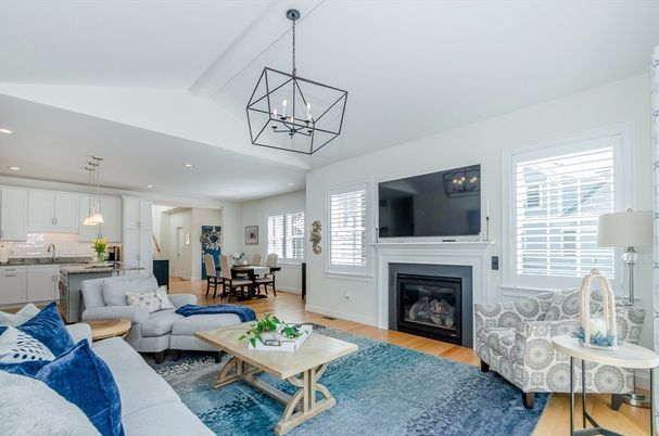 Dining room, Fireplace, Interior, Kitchen, Living room, Pendant Lights, Recessed Lighting, Wood Texture Flooring