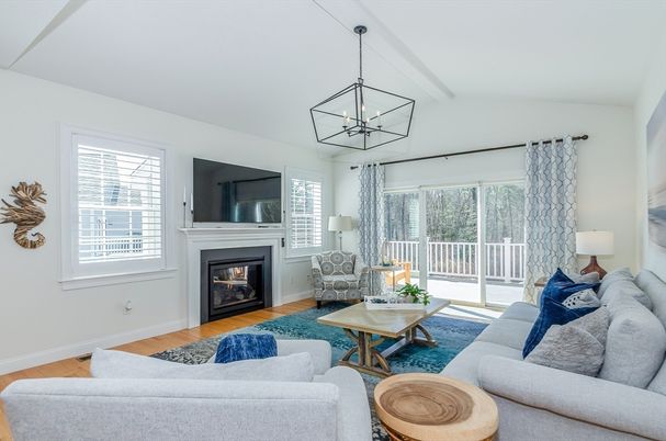 Fireplace, Interior, Living room, Pendant Lights, Wood Texture Flooring