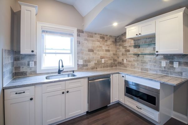 Interior, Kitchen, Recessed Lighting, Stainless Steel Appliances, Stone Walls, Wood Texture Flooring