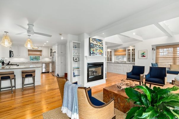 Fireplace, Interior, Kitchen, Living room, Recessed Lighting, Wood Texture Flooring