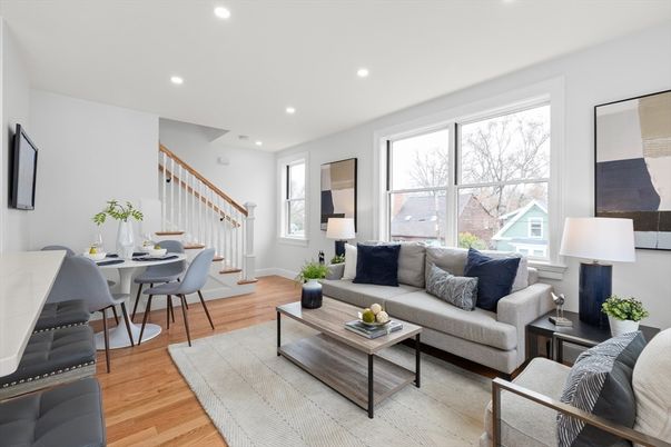 Dining room, Interior, Living room, Recessed Lighting, Wood Texture Flooring