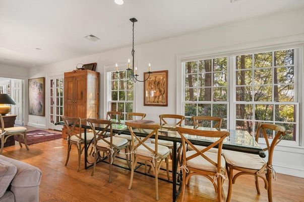 Chandelier, Dining room, Interior, Recessed Lighting, Wood Texture Flooring