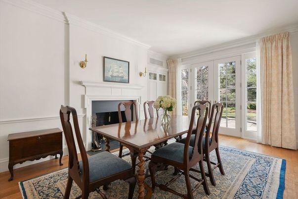 Dining room, Fireplace, Interior, Wood Texture Flooring