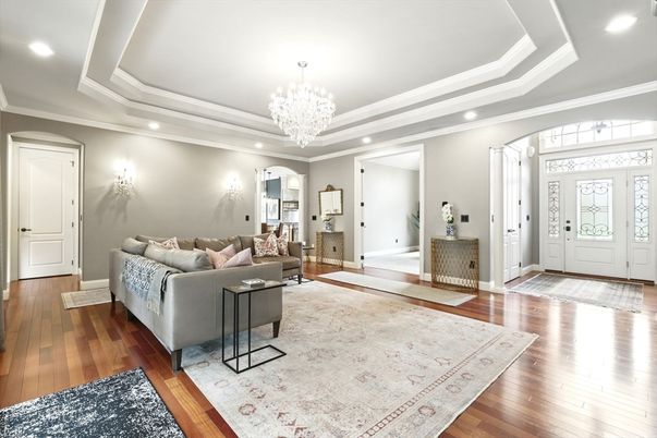 Chandelier, Interior, Living room, Recessed Lighting, Wood Texture Flooring