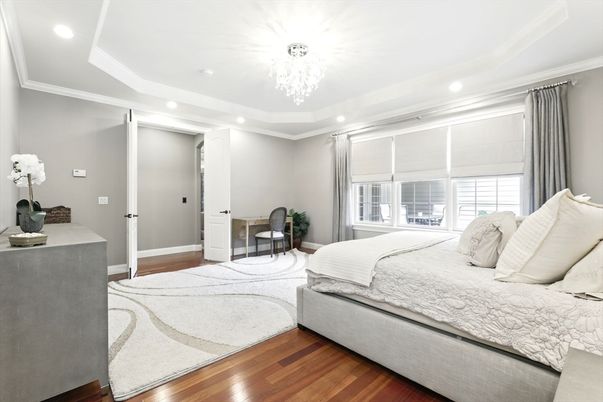 Bedroom, Chandelier, Interior, Recessed Lighting, Wood Texture Flooring