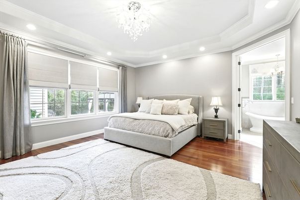 Bedroom, Chandelier, Interior, Recessed Lighting, Wood Texture Flooring