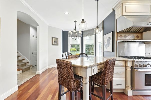 Chandelier, Interior, Kitchen, Pendant Lights, Recessed Lighting, Stainless Steel Appliances, Wood Texture Flooring