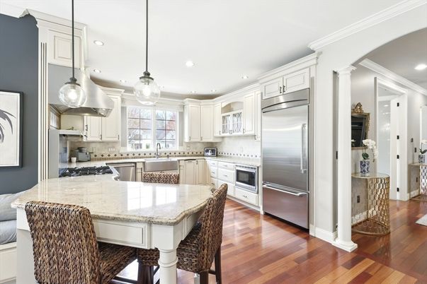 Interior, Kitchen, Pendant Lights, Recessed Lighting, Stainless Steel Appliances, Wood Texture Flooring