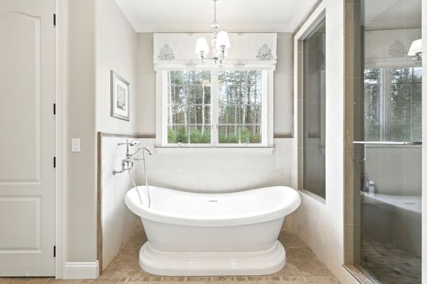 Bathroom, Free Standing Baths, Glass Shower, Interior, Pendant Lights