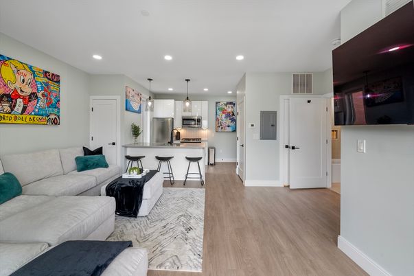 Interior, Kitchen, Living room, Pendant Lights, Recessed Lighting, Stainless Steel Appliances, Wood Texture Flooring