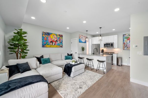 Interior, Kitchen, Living room, Pendant Lights, Recessed Lighting, Stainless Steel Appliances, Wood Texture Flooring