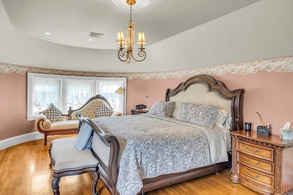 Bedroom, Chandelier, Interior, Recessed Lighting, Wood Texture Flooring