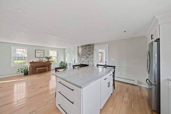 Fireplace, Interior, Kitchen, Recessed Lighting, Wood Texture Flooring