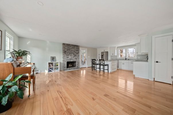 Fireplace, Interior, Kitchen, Piano, Stone Walls, Wood Texture Flooring