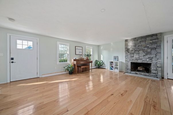Empty room, Fireplace, Interior, Piano, Stone Walls, Wood Texture Flooring