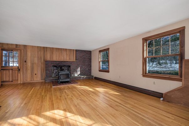 Empty room, Fireplace, Interior, Stone Walls, Wood Texture Flooring, Wooden Walls