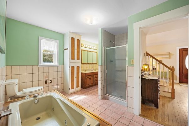 Bathroom, Glass Shower, Interior, Tile Countertops, Wood Texture Flooring