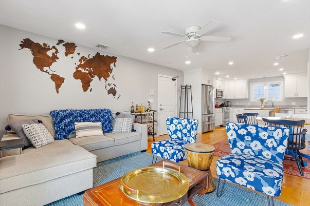 Dining room, Interior, Kitchen, Living room, Recessed Lighting, Stainless Steel Appliances, Wood Texture Flooring