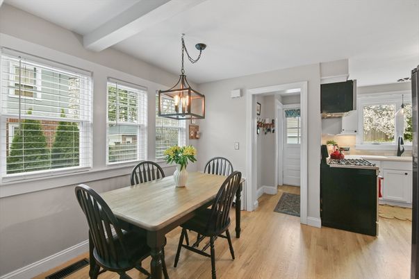 Dining room, Interior, Pendant Lights, Wood Texture Flooring