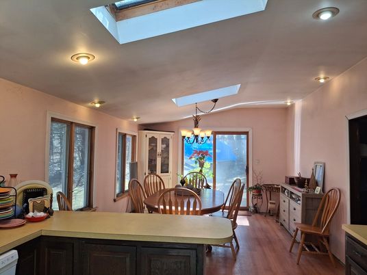 Chandelier, Dining room, Interior, Wood Texture Flooring
