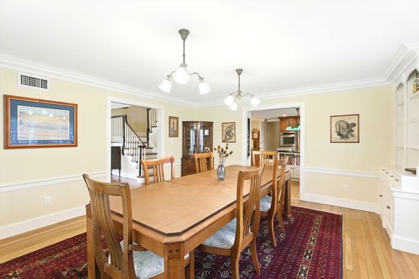 Dining room, Interior, Pendant Lights, Piano, Wood Texture Flooring