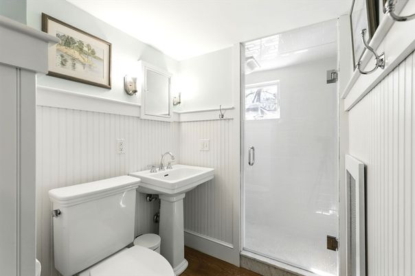 Bathroom, Glass Shower, Interior, Wood Texture Flooring