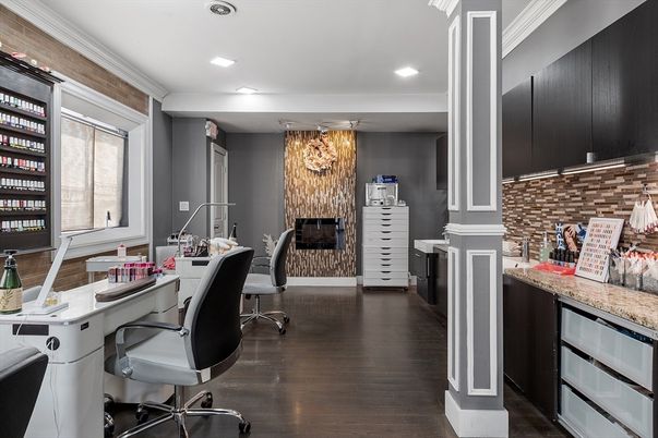 Chandelier, Fireplace, Home Office, Interior, Recessed Lighting, Wood Texture Flooring