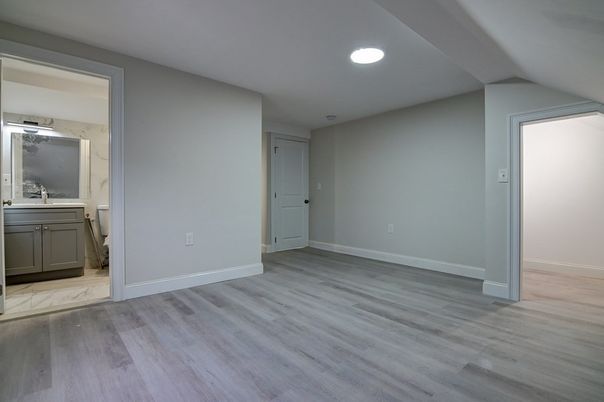 Bathroom, Empty room, Interior, Marble, Recessed Lighting, Wood Texture Flooring