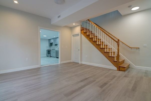Empty room, Interior, Kitchen, Recessed Lighting, Wood Texture Flooring