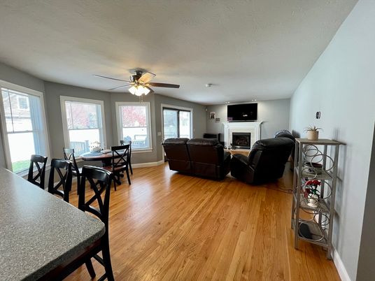 Dining room, Fireplace, Interior, Living room, Wood Texture Flooring