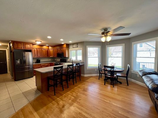 Dining room, Interior, Kitchen, Recessed Lighting, Stainless Steel Appliances, Wood Texture Flooring