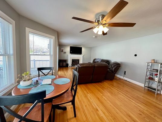 Dining room, Fireplace, Interior, Living room, Wood Texture Flooring
