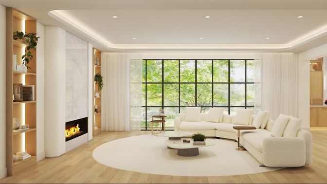 Fireplace, Interior, Living room, Recessed Lighting, Wood Texture Flooring