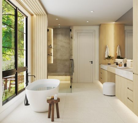 Bathroom, Free Standing Baths, Glass Shower, Interior, Recessed Lighting