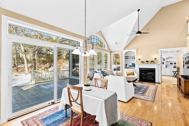 Dining room, Fireplace, Interior, Living room, Pendant Lights, Wood Texture Flooring