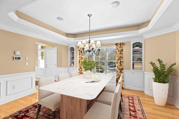 Chandelier, Dining room, Interior, Wood Texture Flooring