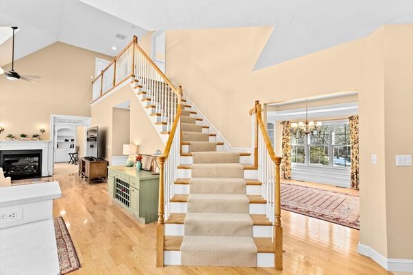 Chandelier, Fireplace, Interior, Recessed Lighting, Wood Texture Flooring