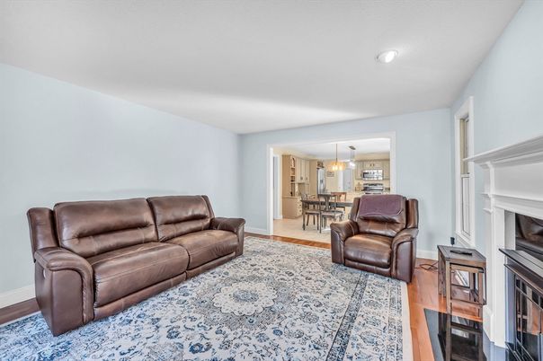 Dining room, Fireplace, Interior, Kitchen, Living room, Pendant Lights, Wood Texture Flooring