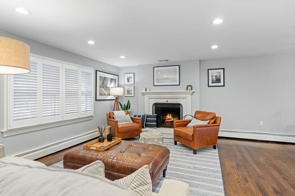 Fireplace, Interior, Living room, Recessed Lighting, Wood Texture Flooring