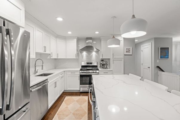 Interior, Kitchen, Pendant Lights, Recessed Lighting, Stainless Steel Appliances, Wood Texture Flooring