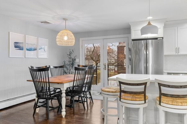 Dining room, Interior, Kitchen, Pendant Lights, Stainless Steel Appliances, Wood Texture Flooring