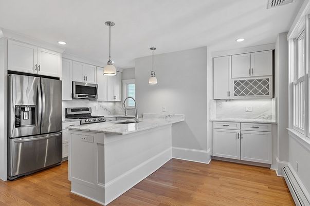 Interior, Kitchen, Pendant Lights, Recessed Lighting, Stainless Steel Appliances, Wood Texture Flooring