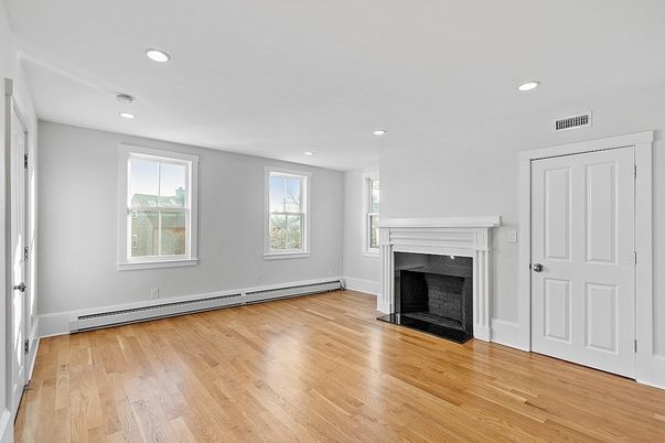 Empty room, Fireplace, Interior, Recessed Lighting, Wood Texture Flooring