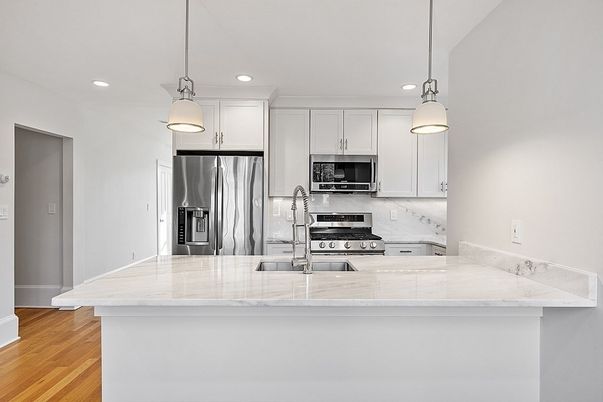 Interior, Kitchen, Pendant Lights, Recessed Lighting, Stainless Steel Appliances, Wood Texture Flooring