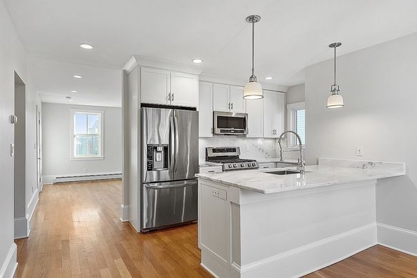 Interior, Kitchen, Pendant Lights, Recessed Lighting, Stainless Steel Appliances, Wood Texture Flooring