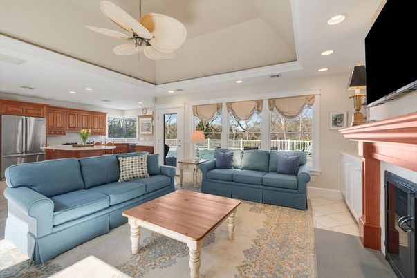 Fireplace, Interior, Kitchen, Living room, Recessed Lighting, Stainless Steel Appliances