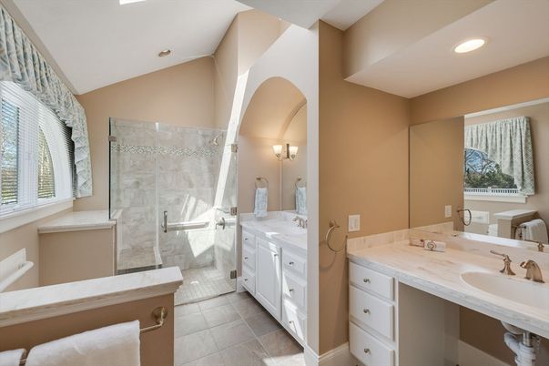 Bathroom, Dual Sink Vanities, Glass Shower, Interior, Recessed Lighting