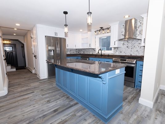 Interior, Kitchen, Pendant Lights, Recessed Lighting, Stainless Steel Appliances, Wood Texture Flooring