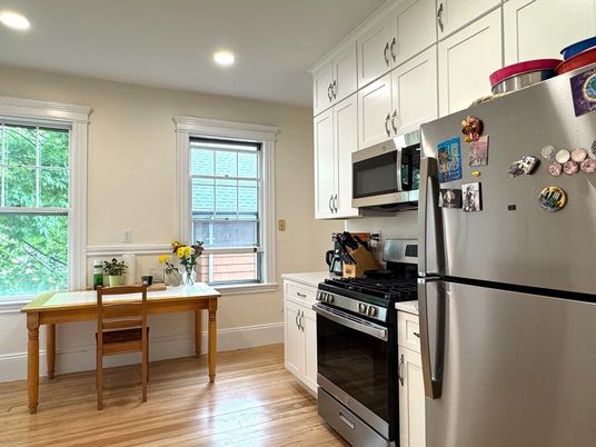 Interior, Kitchen, Recessed Lighting, Stainless Steel Appliances, Wood Texture Flooring
